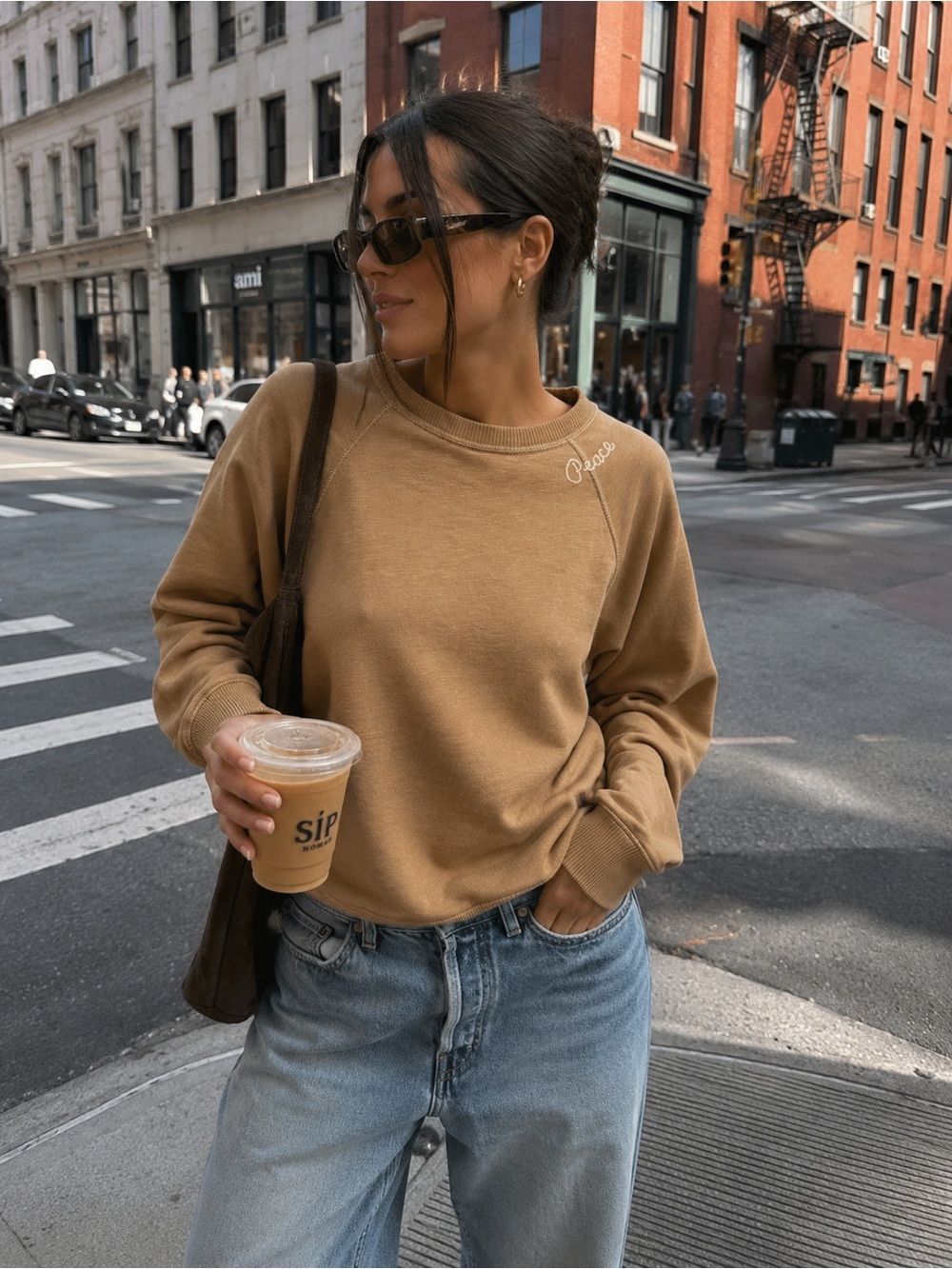 American Eagle Outfitters Tan Crewneck Sweatshirt with Script Accent